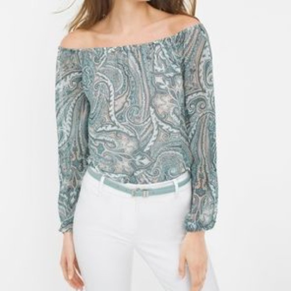 WHBM Teal Paisley Off the Shoulder Blouse